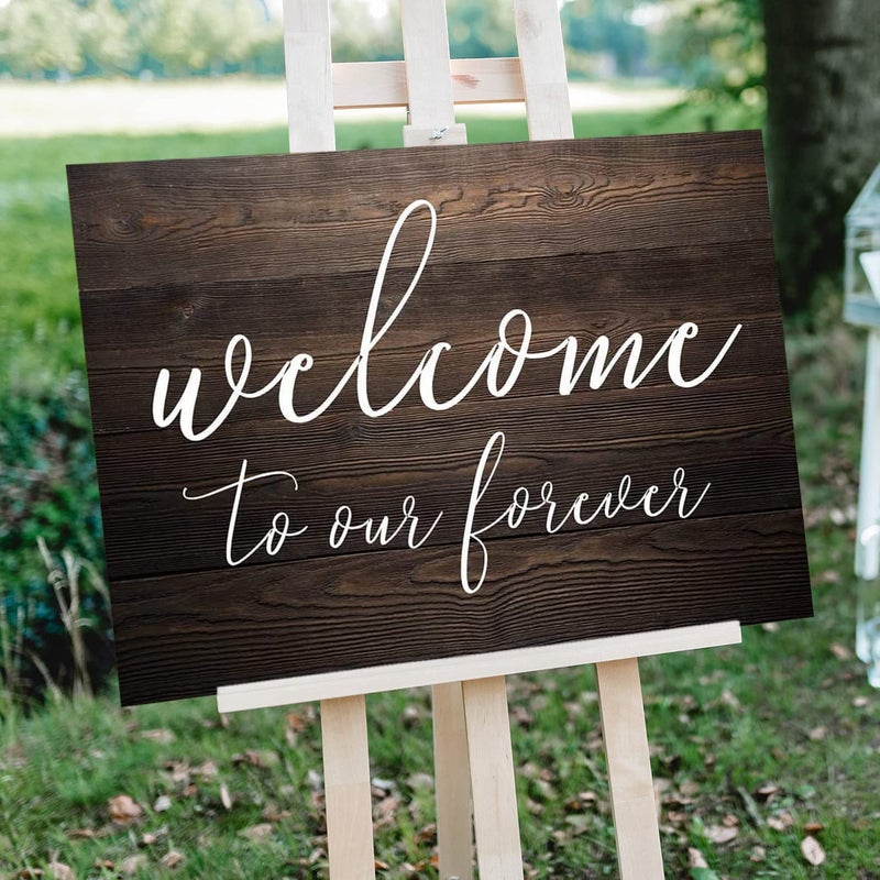 Eletina J.DXHY Welcome to Our Forever Sign, Rustic Wooden Welcome Wedding Sign, Brown, 18"x12" - Image 1